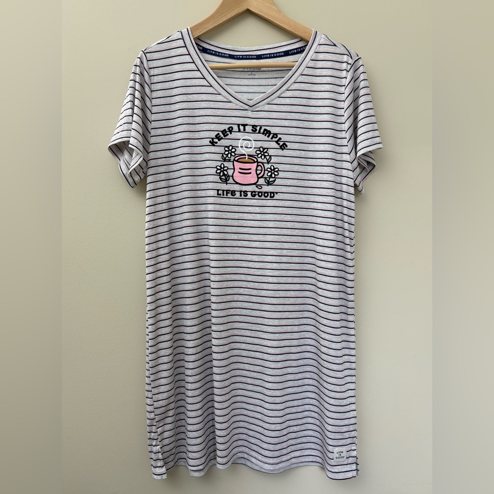 Life is Good Sleep Shirt Dress Size Large Striped Coffee